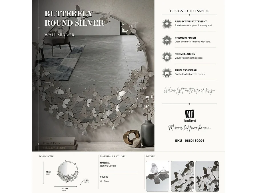 Miroir Mural Design "Butterfly" 94cm Argent