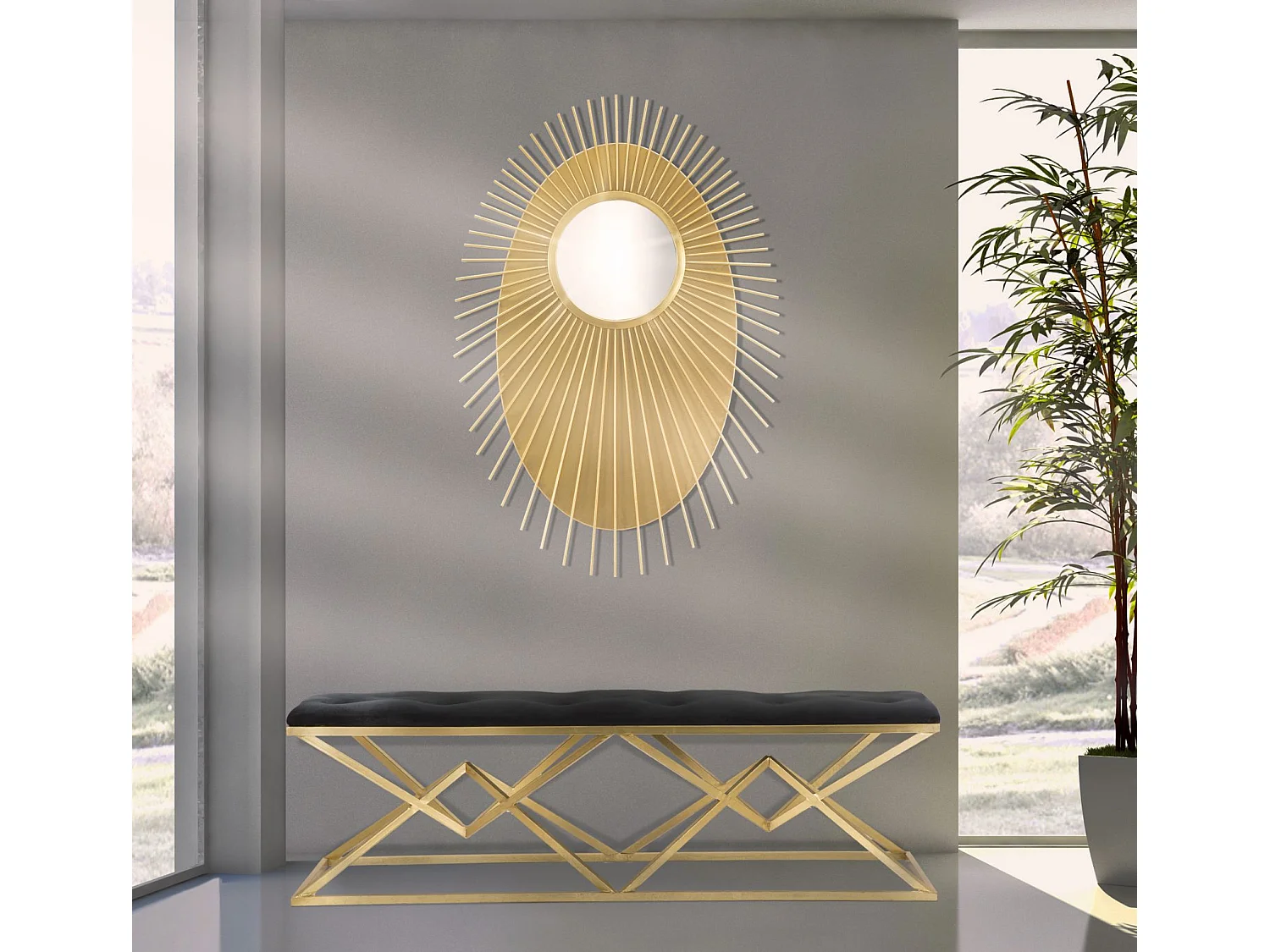 Miroir mural ovale géométrique en métal doré 75x8x110,5 cm