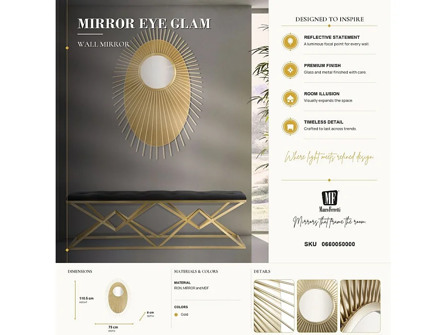 Miroir mural ovale géométrique en métal doré 75x8x110,5 cm