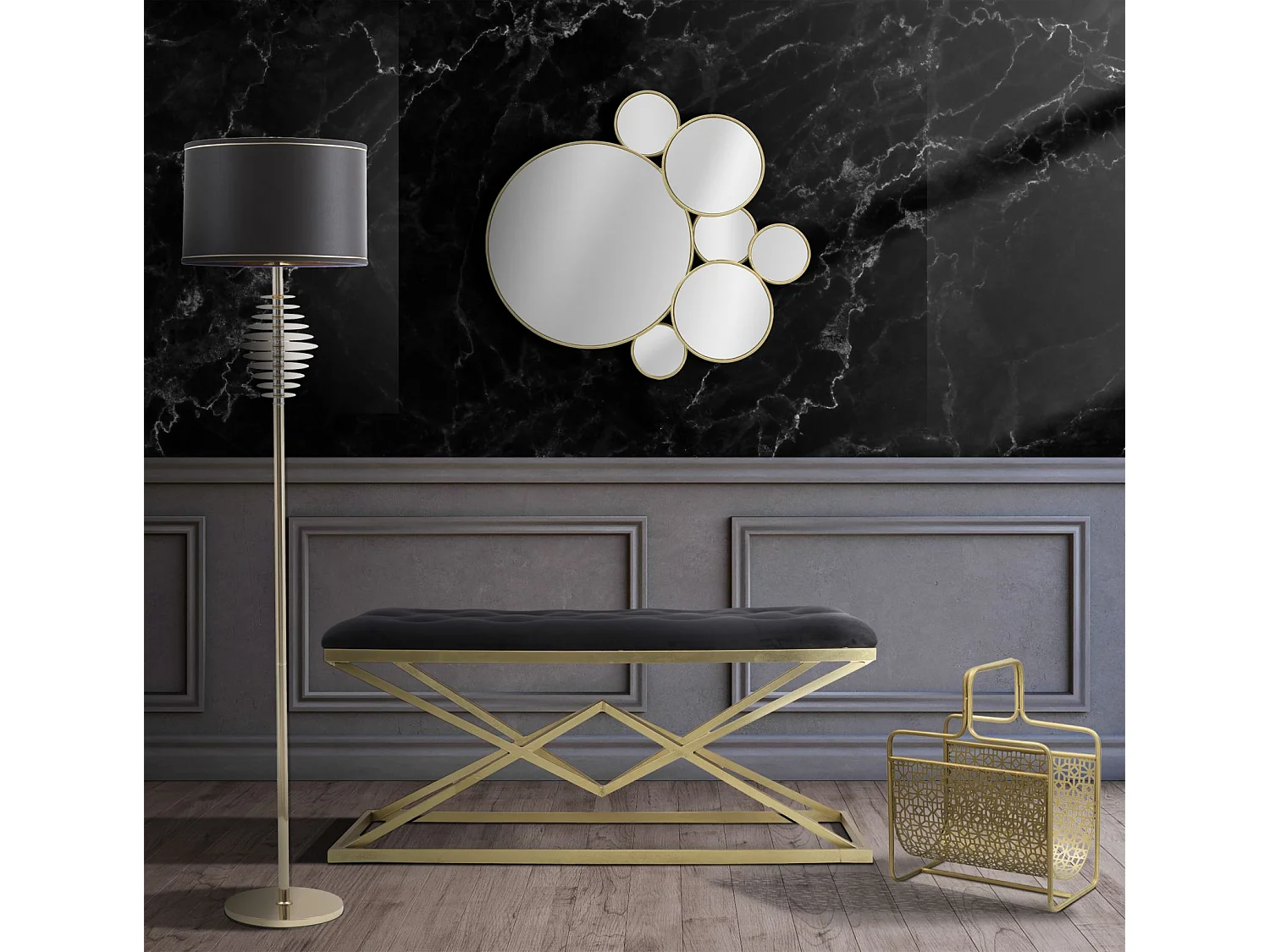 Specchio da parete geometrico in metallo dorato cm 81x7,5x73