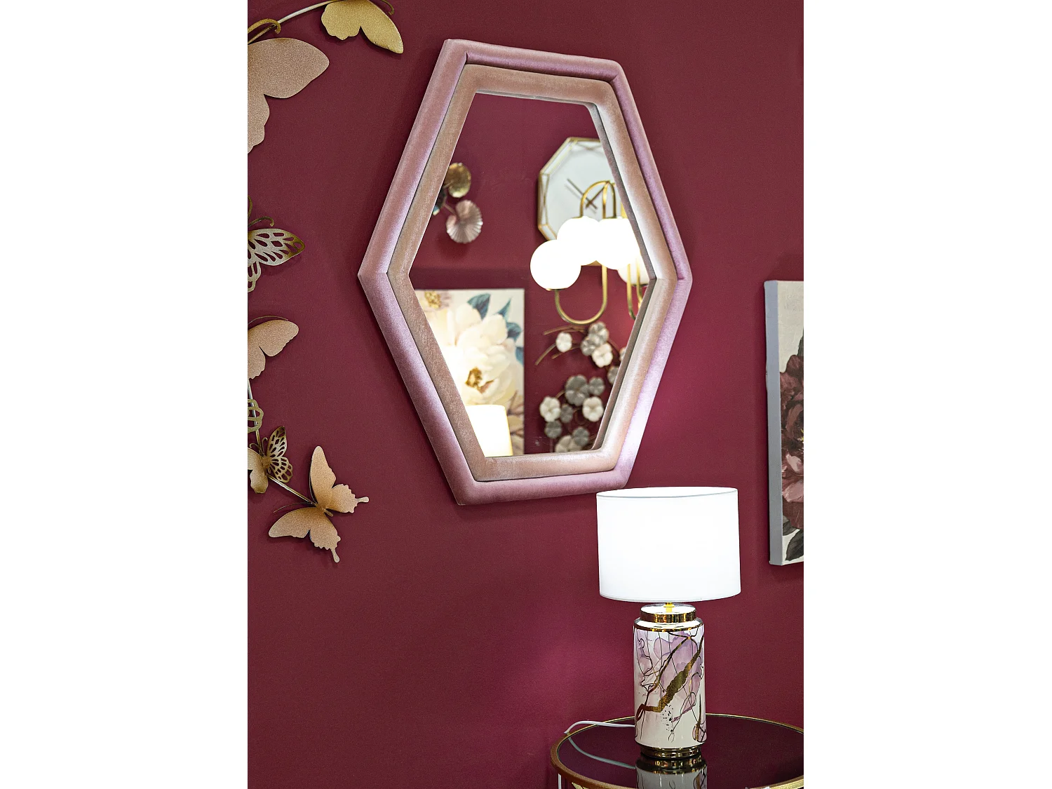 Specchio da parete in velluto rosa cm 75x4x80