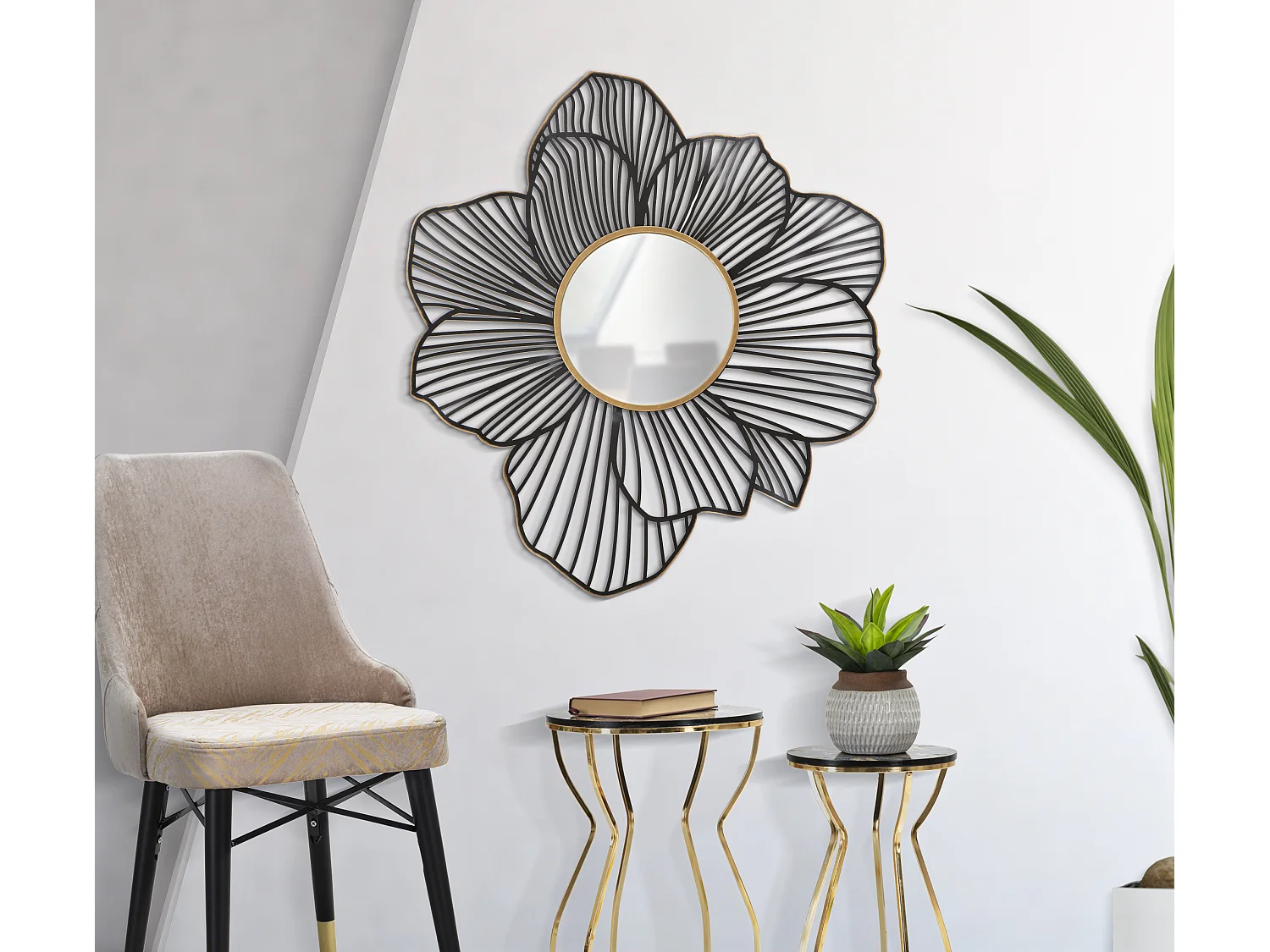 Specchio da parete in metallo nero e dorato cm 79x6x86,5