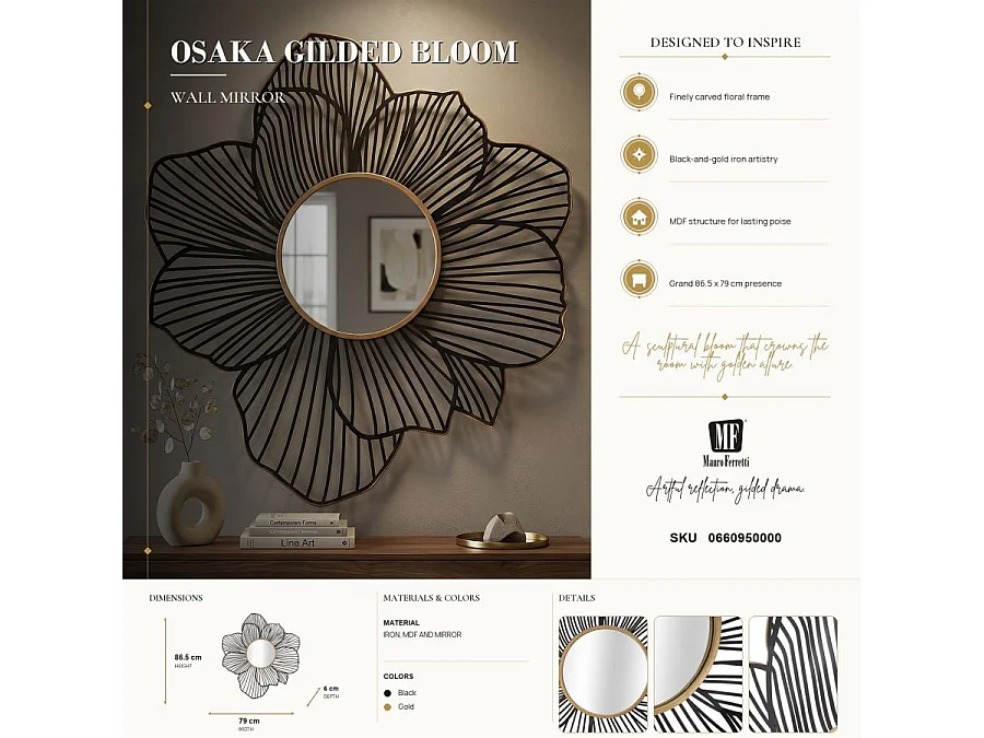 Zwarte en gouden metalen wandspiegel, 79x6x86,5 cm
