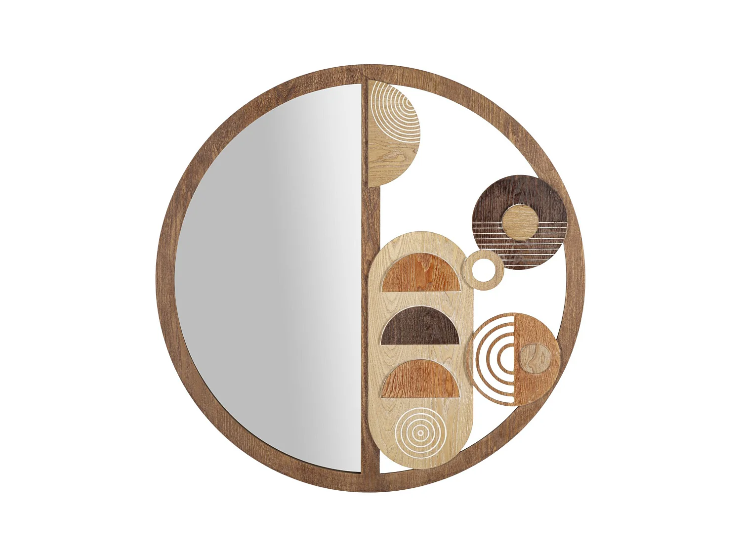 Miroir Rond de Mur Block, Ø 80x3 cm, Composé de Pièces en Bois Multicolores