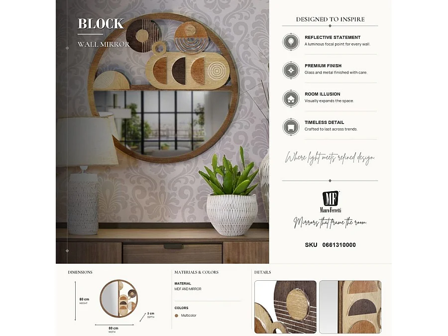 Miroir Mural en Bois "Block" 80cm Naturel