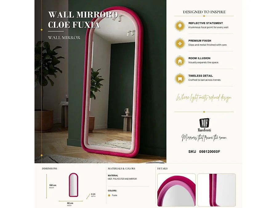 Specchio da parete in velluto rosa cm 60x4x160