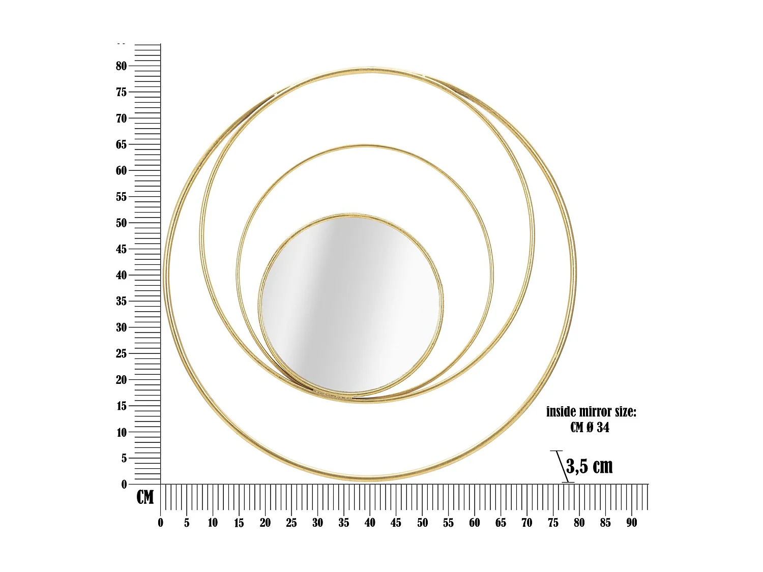 Specchio da paretecon cerchi in metallo dorato Ø cm 80x3,5