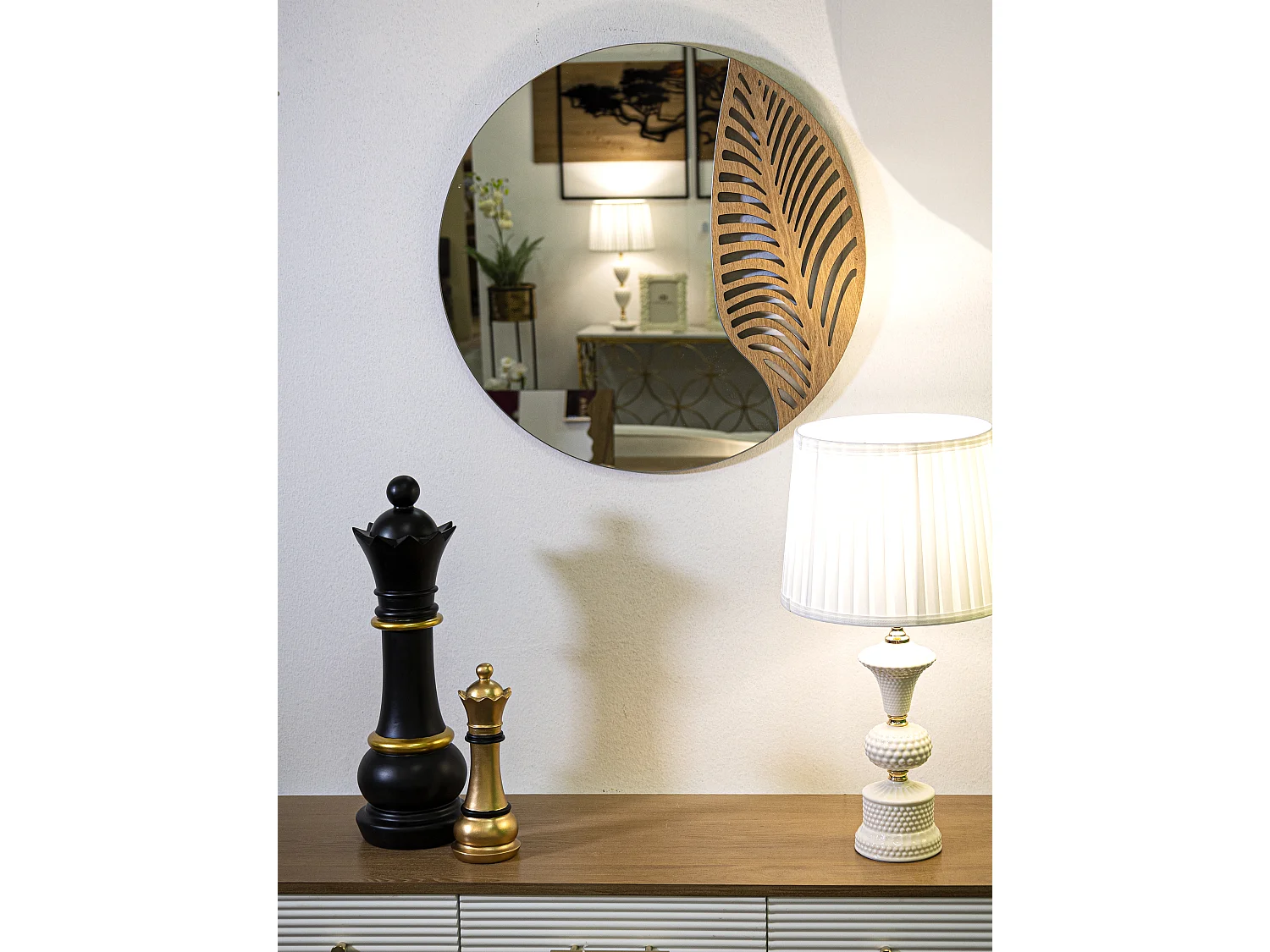 Specchio rotondo da parete in legno marrone con foglia Ø cm 60x1,5