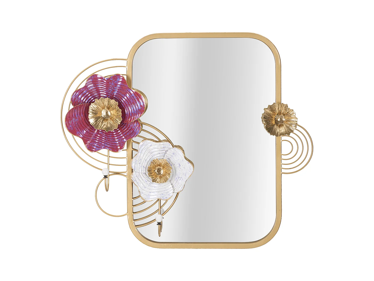 Miroir Mural Lovis - Cadre à Motifs Floraux et 2 Crochets Porte-Manteaux - 75x9,5x64,1 cm