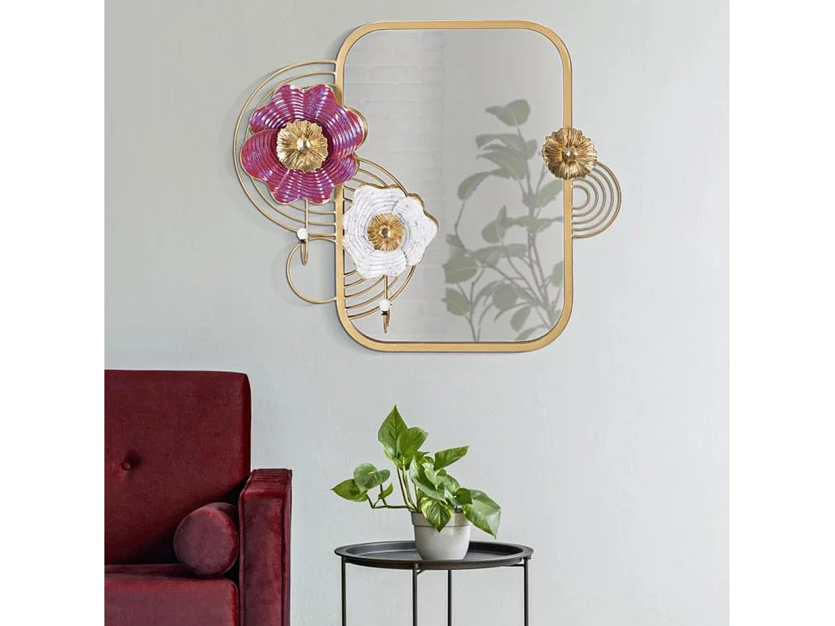 Espejo de pared con flores metálicas multicolores, 75 x 9,5 x 64,1 cm