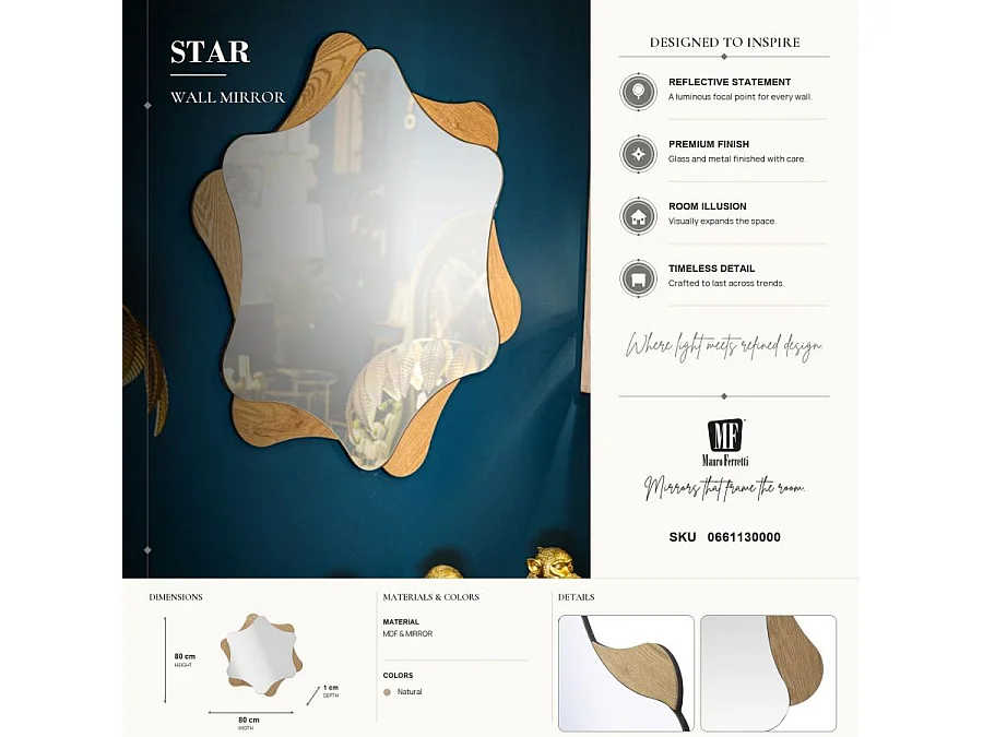 Miroir Mural Déco "Stars" 80cm Naturel