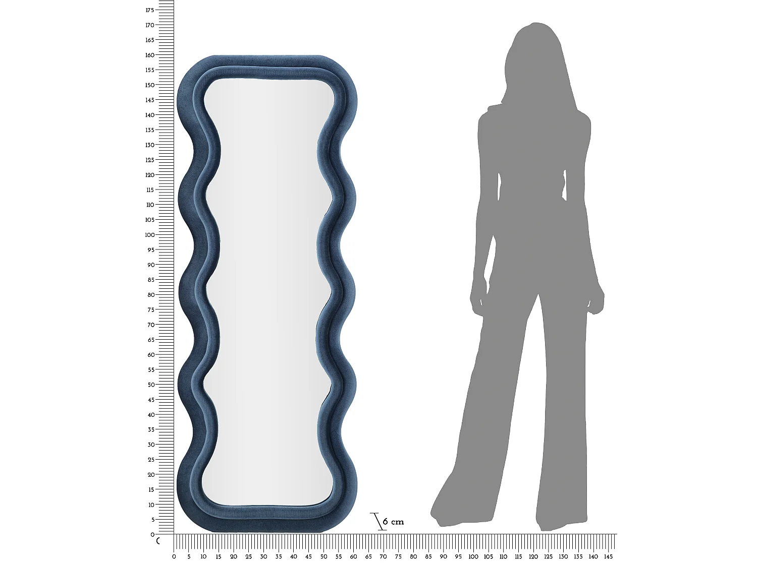 Emily Wand- oder Standspiegel mit wellenförmigem Design aus Samt 60x160 cm - Blau