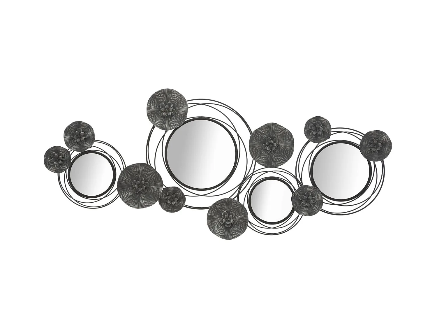Panneau métallique à miroir rond foncé - 117x5.5x49 cm, Décoration murale géométrique