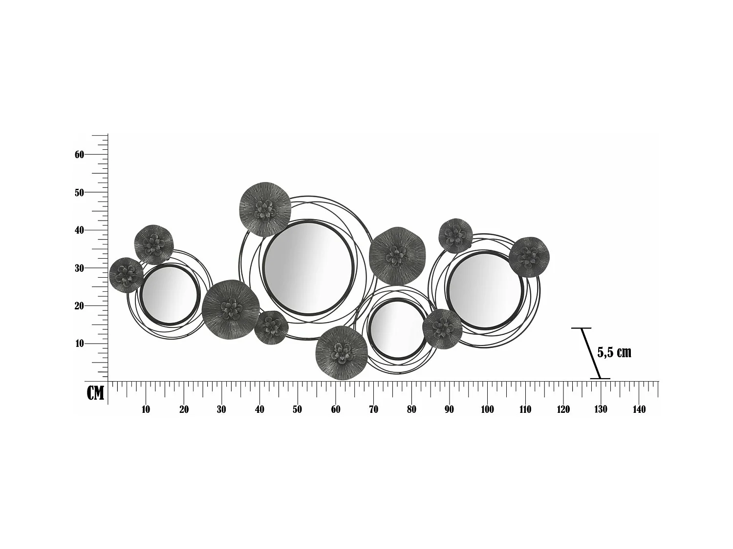 Décoration Murale 4 Miroirs "Ronds" 117cm Noir & Gris