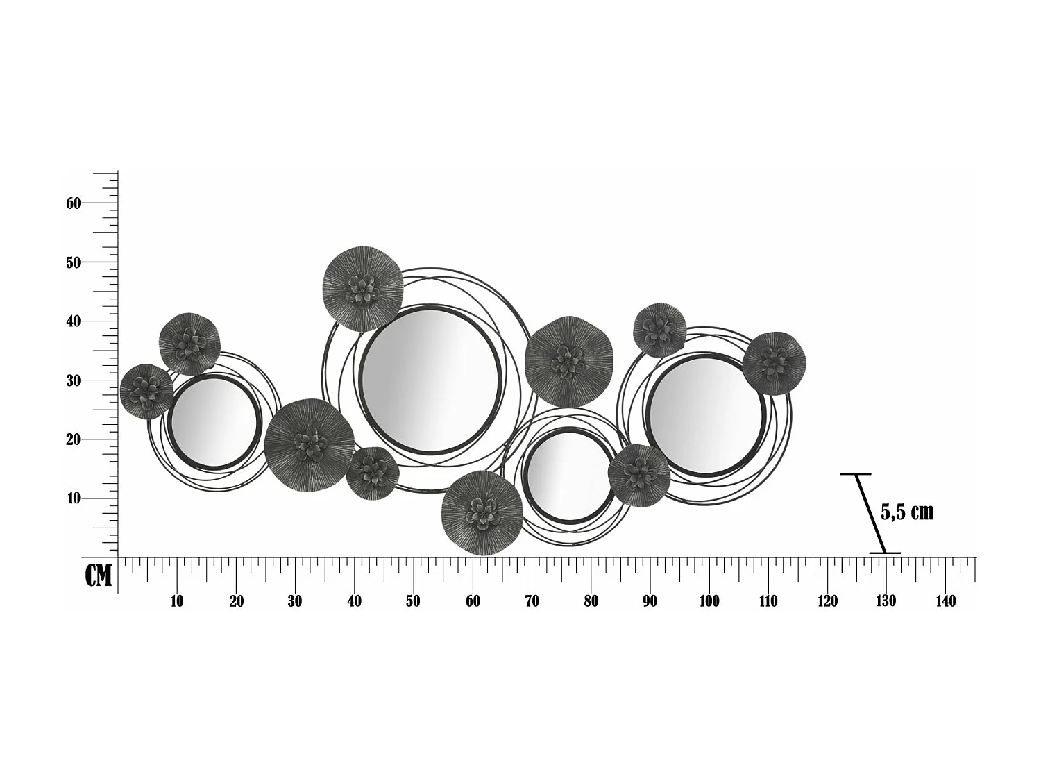 Décoration Murale 4 Miroirs "Ronds" 117cm Noir & Gris