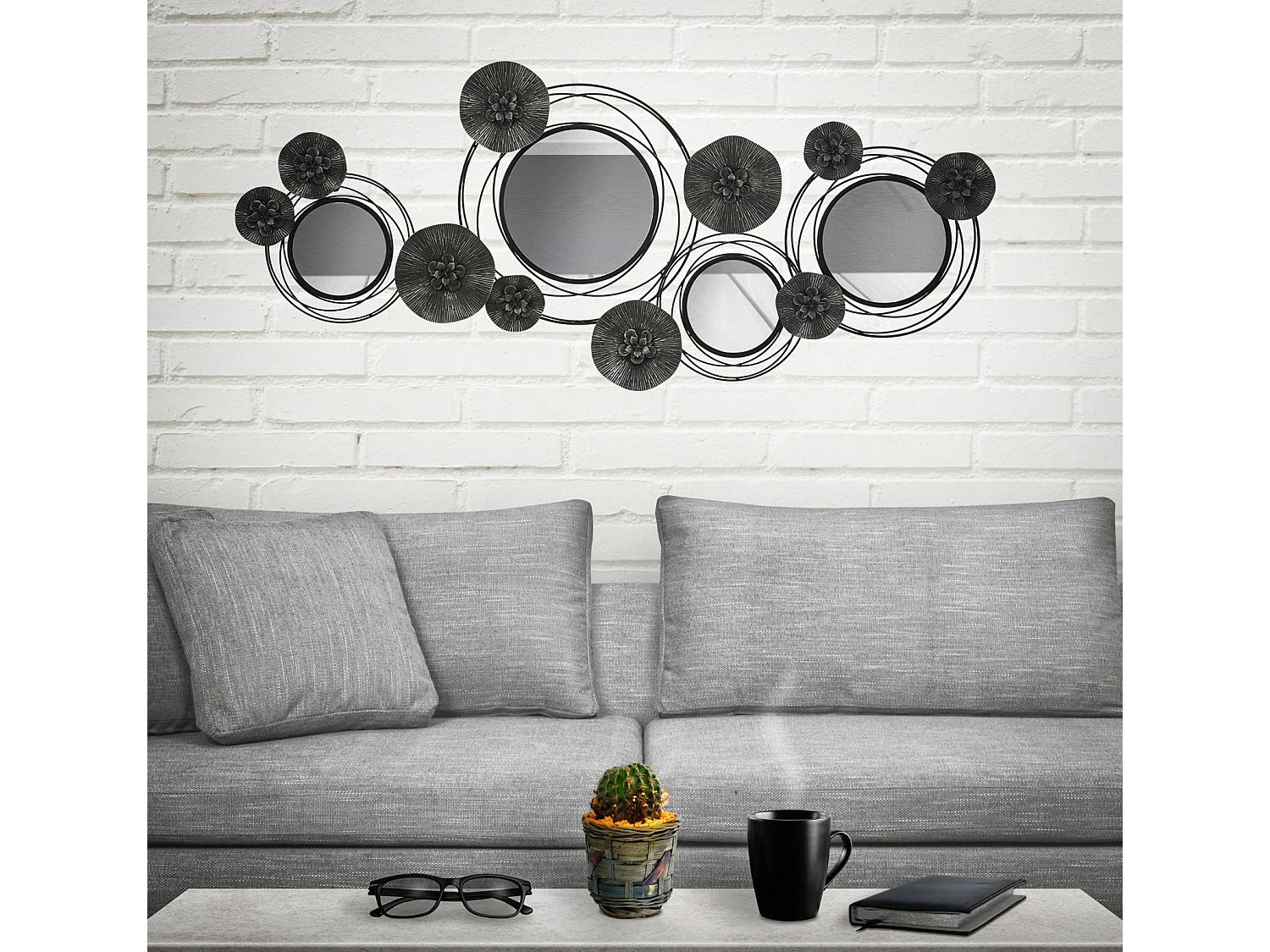 3D decoratief paneel in grijs metaal en spiegels 117x5,5x49 cm