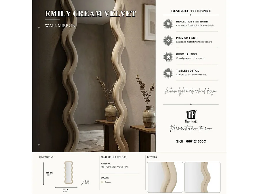 Beige fluwelen wandspiegel 60x6x160 cm