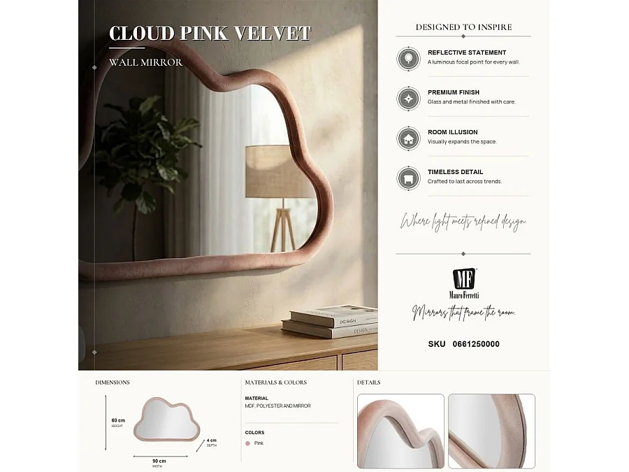 Miroir Mural en Velours "Cloud" 90cm Rose