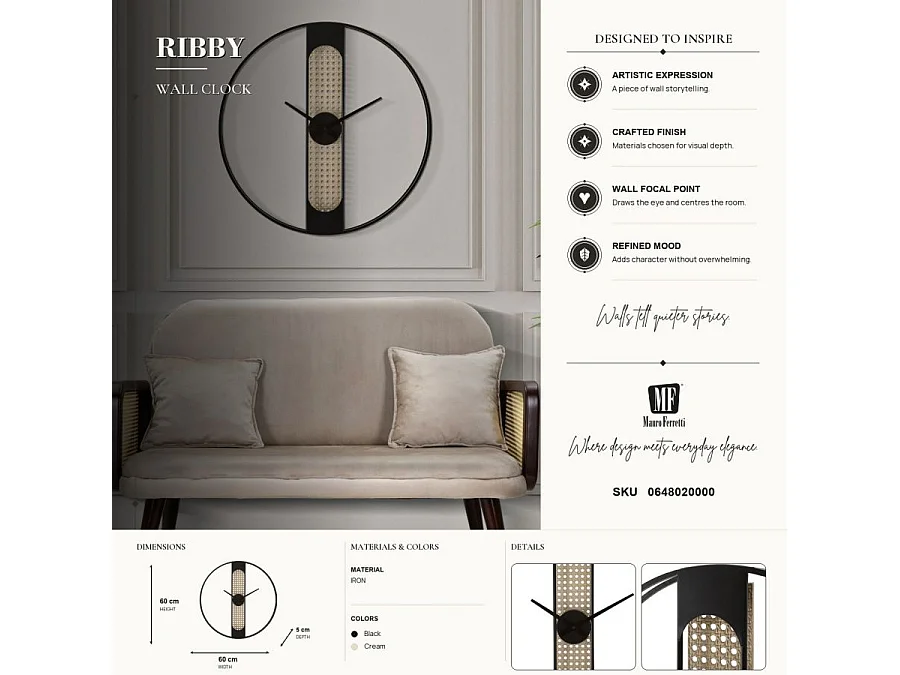 Horloge Murale Cannage "Ribby" 60cm Noir & Crème