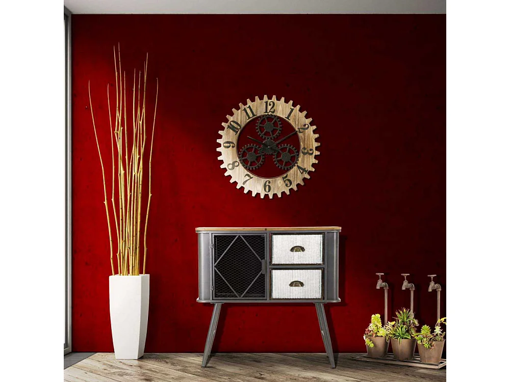 Horloge Murale Engrenage "Plus" 60cm Naturel & Noir