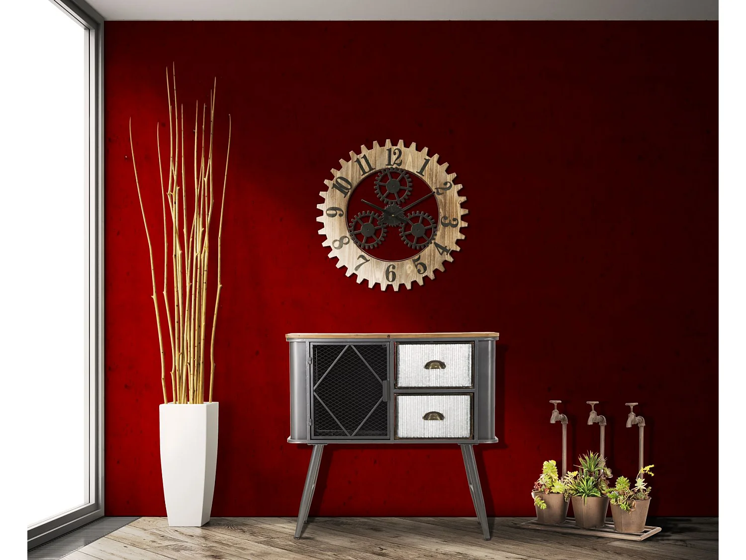 Horloge Murale Engrenage "Plus" 60cm Naturel & Noir