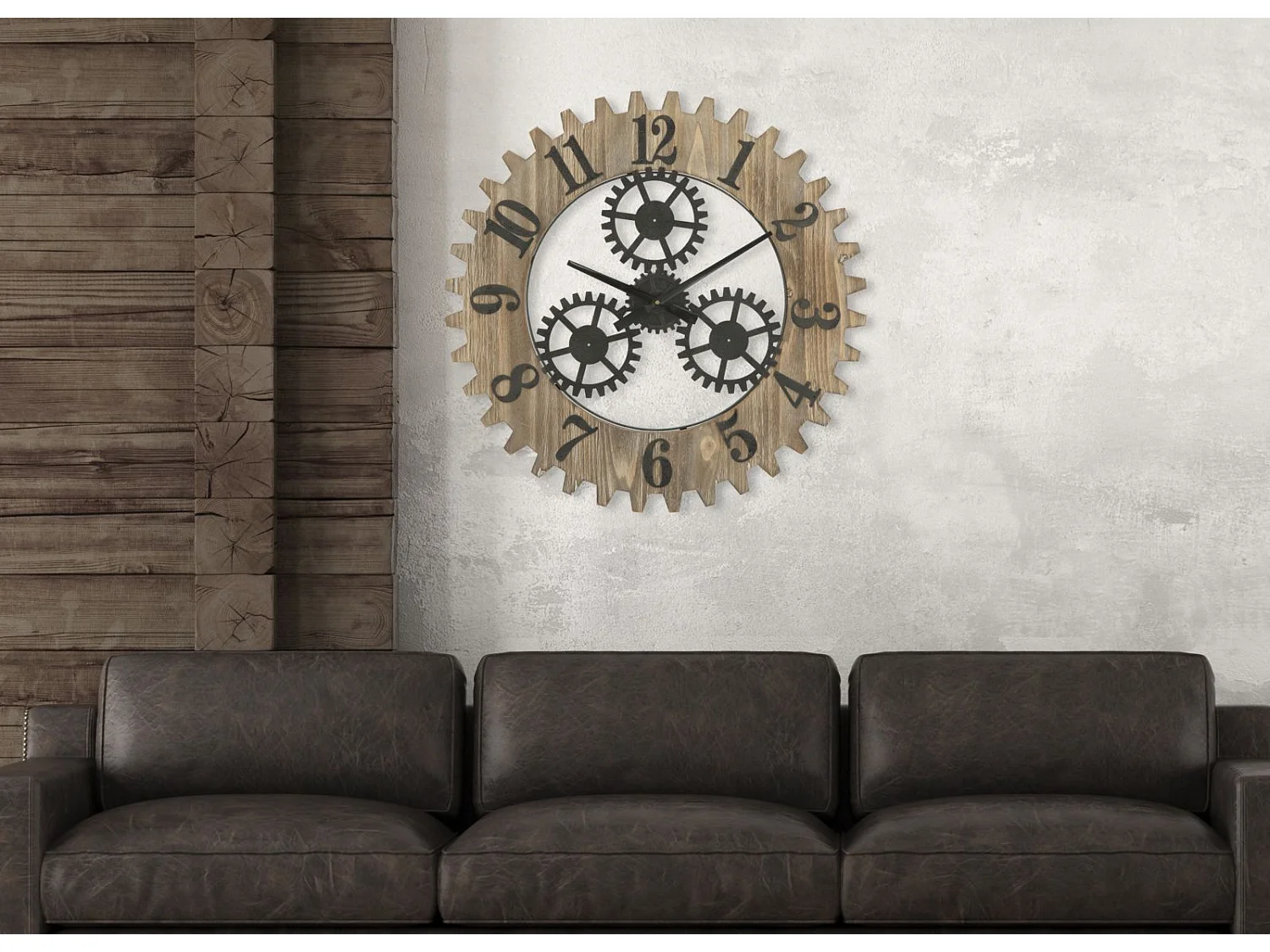 Horloge Murale Engrenage "Plus" 60cm Naturel & Noir
