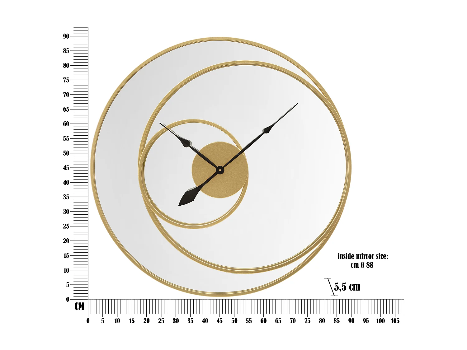 Orologio specchio rotondo da parete in metallo dorato Ø cm 90x5,5