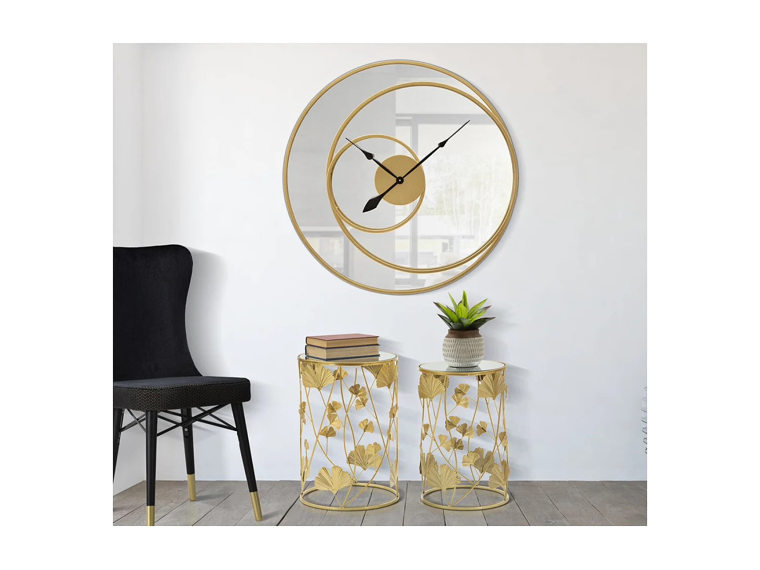 Ronde gouden metalen wandspiegelklok Ø 90x5,5 cm