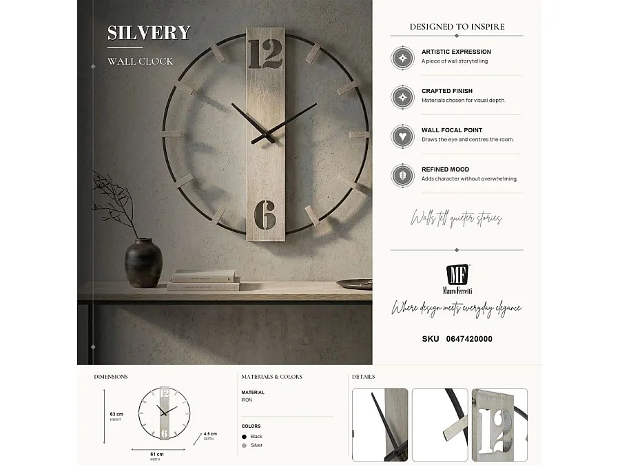 Horloge Murale en Métal "Silvery" 61cm Argent