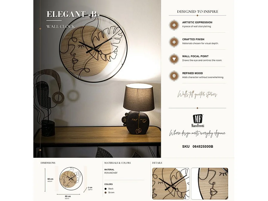 Zegar ścienny - czarny, brązowy, żelazo, styl nowoczesny, wys. 60 cm - Clock Elegant - B