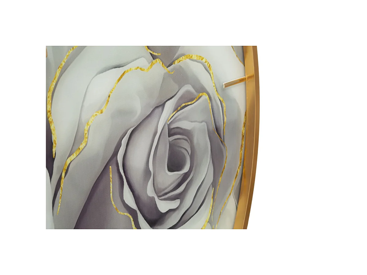 Wanduhr Glam Rose Ø 80 cm aus Glas, MDF und Metall mit Goldrahmen und floralem Zifferblatt – Rundes, dekoratives Design