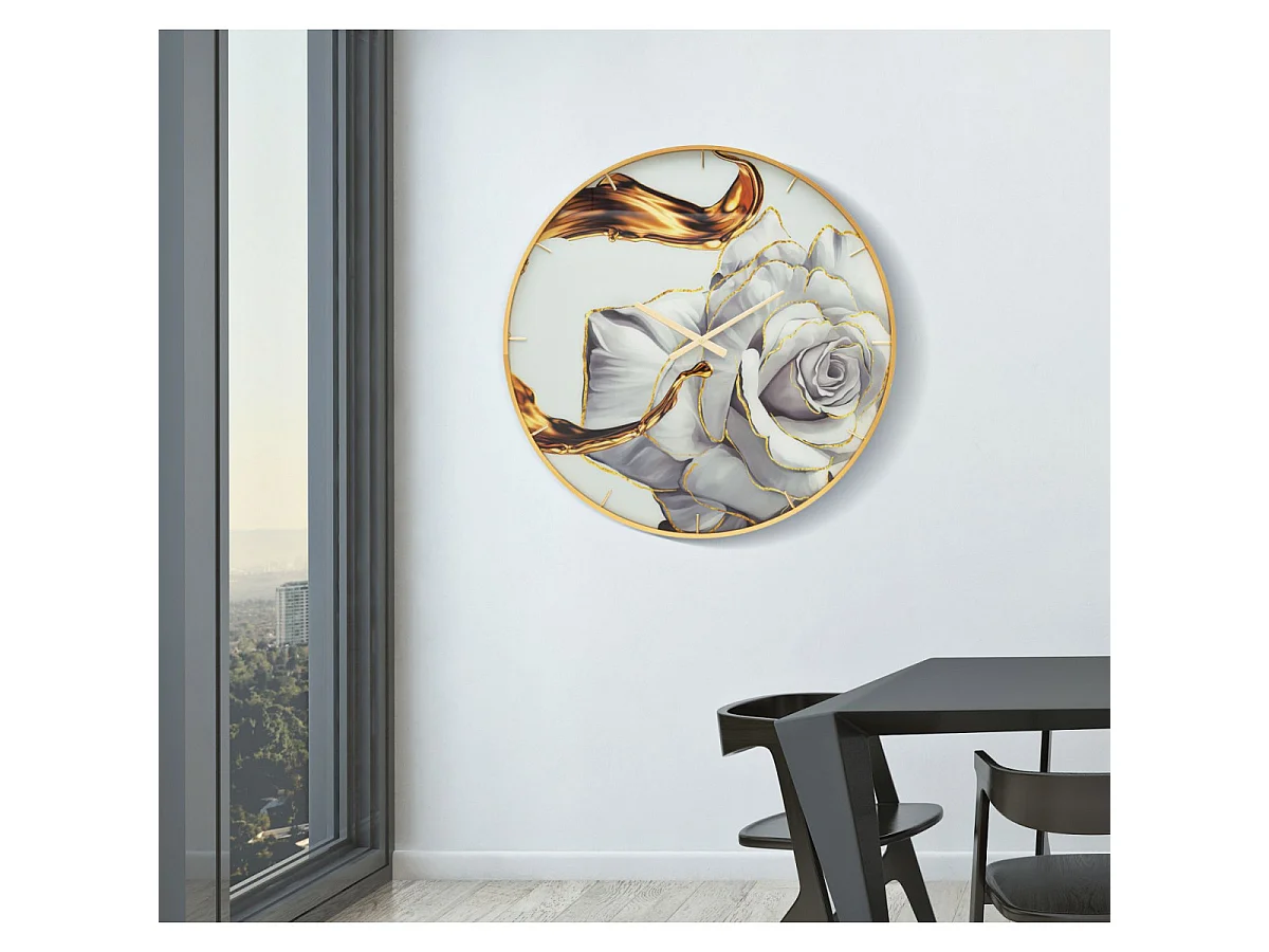 Wanduhr Glam Rose Ø 80 cm aus Glas, MDF und Metall mit Goldrahmen und floralem Zifferblatt – Rundes, dekoratives Design