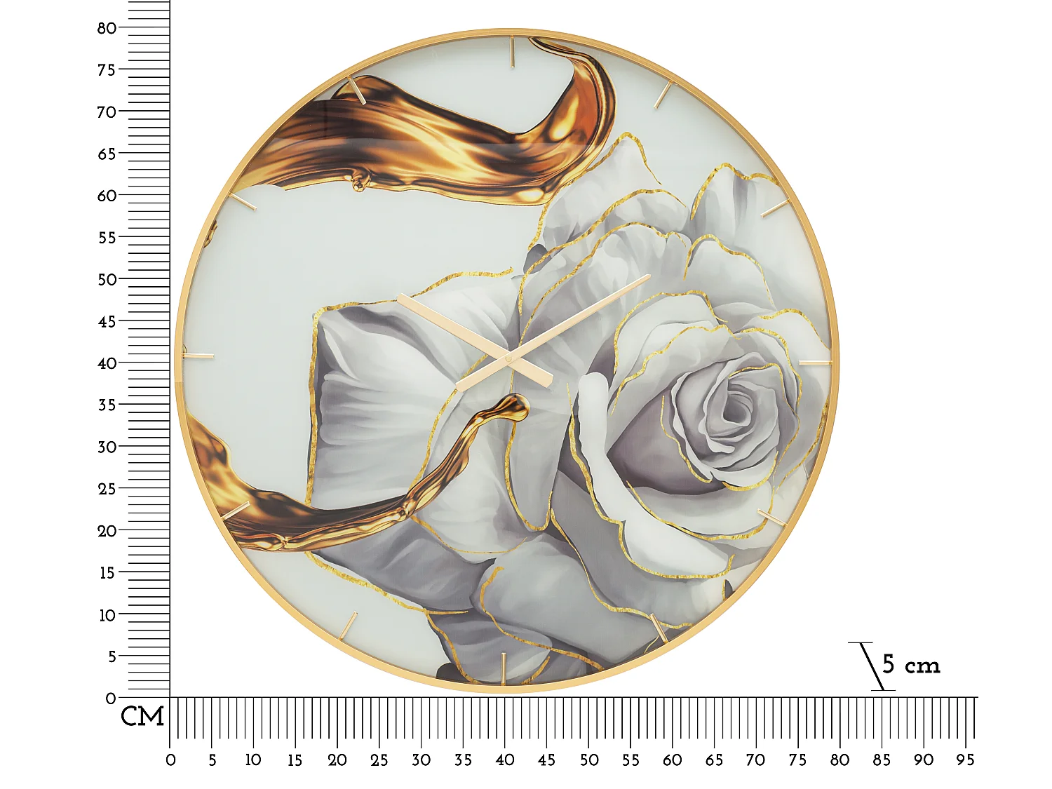 Wanduhr Glam Rose Ø 80 cm aus Glas, MDF und Metall mit Goldrahmen und floralem Zifferblatt – Rundes, dekoratives Design