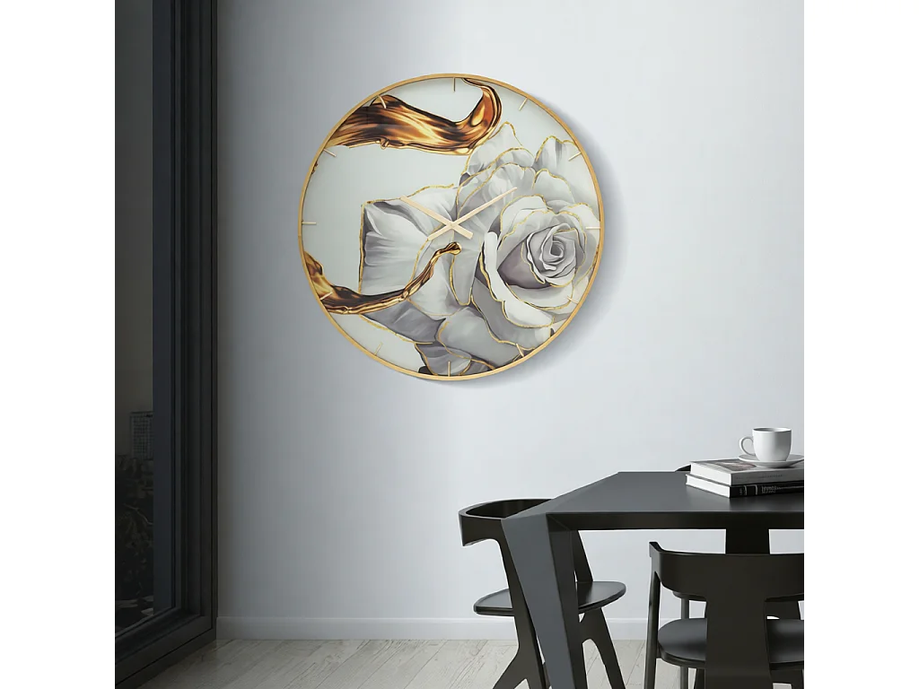 Wanduhr Glam Rose Ø 80 cm aus Glas, MDF und Metall mit Goldrahmen und floralem Zifferblatt – Rundes, dekoratives Design