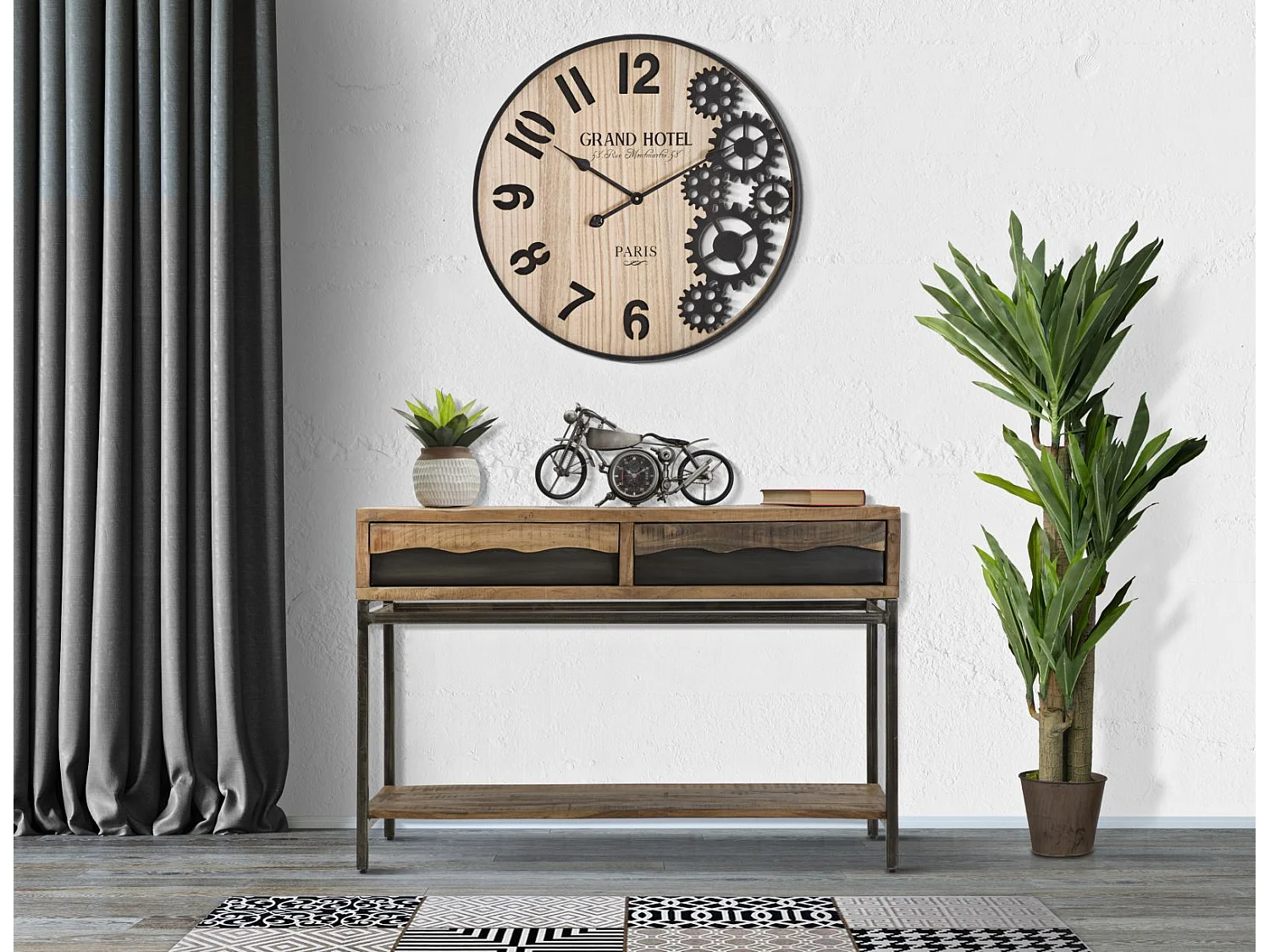 Horloge Murale Engrenage "Grand Hotel" 60cm Naturel & Noir