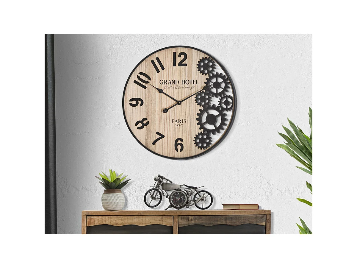 Horloge Murale Engrenage "Grand Hotel" 60cm Naturel & Noir