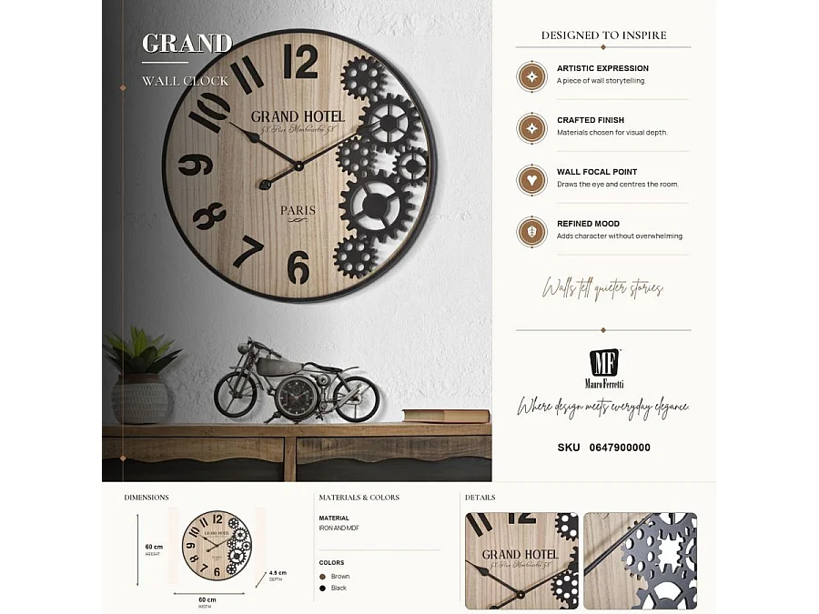 Horloge Murale Engrenage "Grand Hotel" 60cm Naturel & Noir