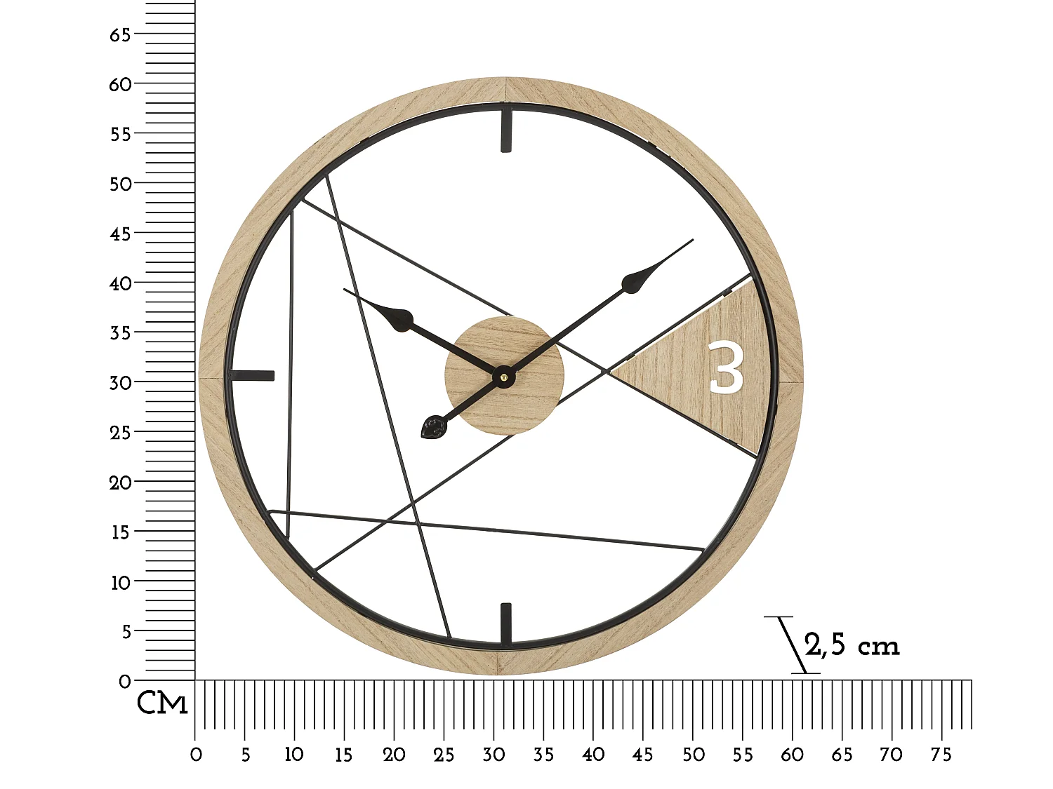 Ronde wandklok in bruin hout en metaal, Ø 60x2,5 cm