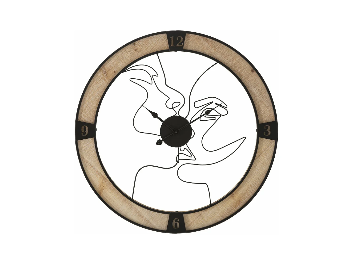 Horloge Murale Rond Couple - Cadre Bois et Motifs Visages Stylisés - Ø 60x3 cm