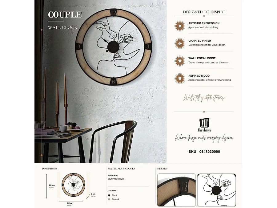 Horloge Murale en Métal "Couple" 60cm Naturel & Noir