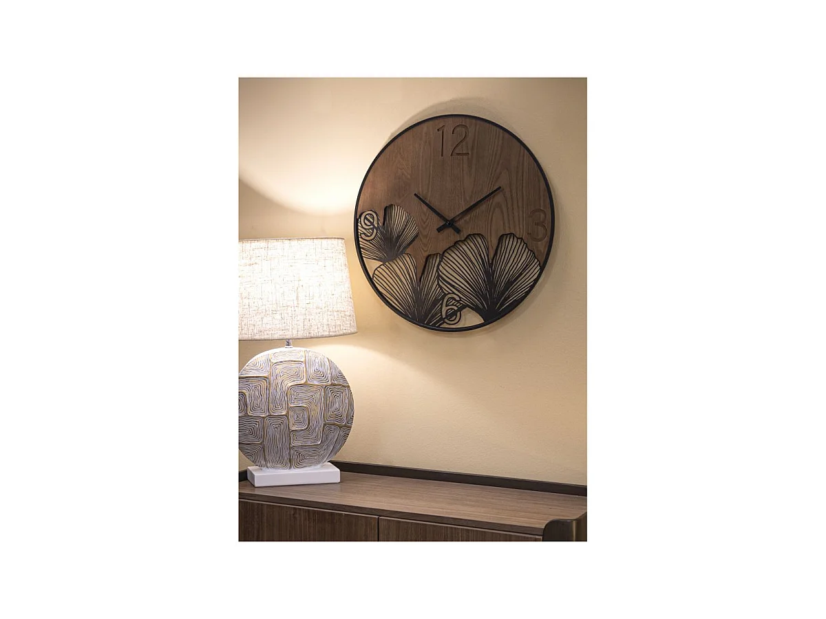 Zegar ścienny - czarny, brązowy, żelazo, motyw: liście, 60 x 2 x 60 cm - Clock Super Leaf