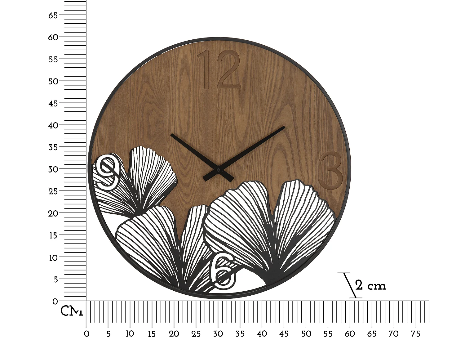 Zegar ścienny - czarny, brązowy, żelazo, motyw: liście, 60 x 2 x 60 cm - Clock Super Leaf
