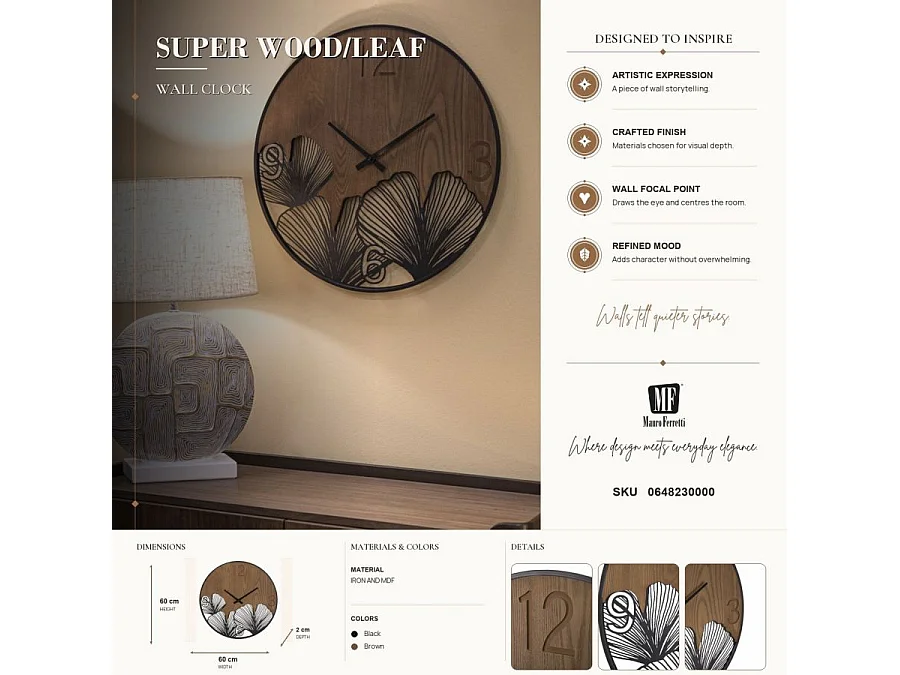 Zegar ścienny - czarny, brązowy, żelazo, motyw: liście, 60 x 2 x 60 cm - Clock Super Leaf