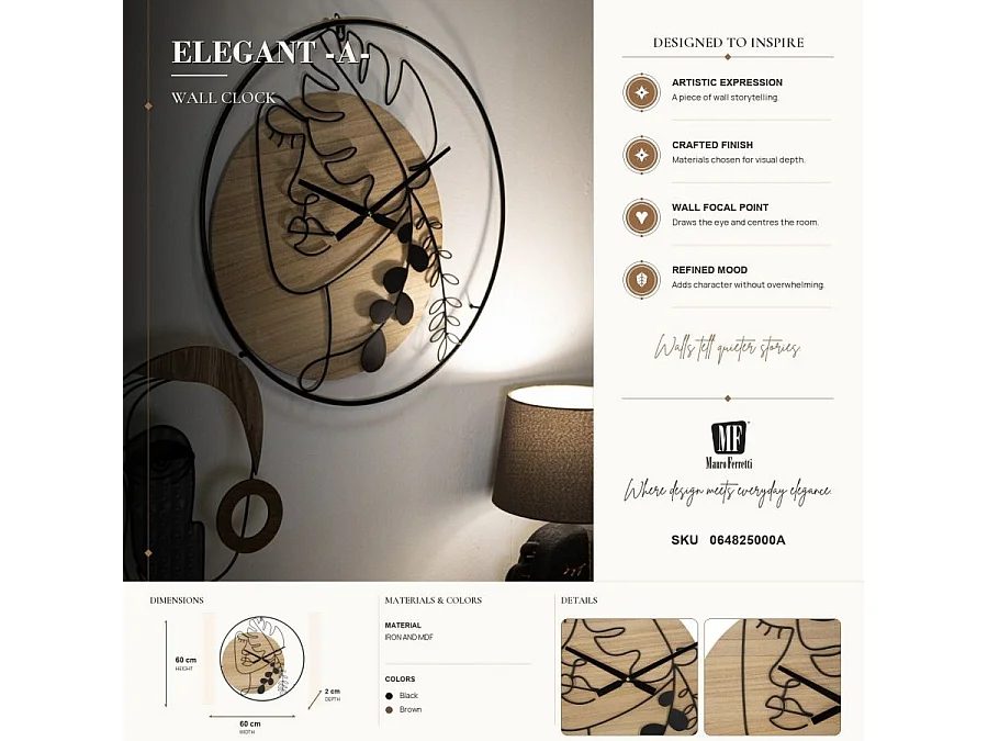 Zegar ścienny - czarny, brązowy, żelazo, styl nowoczesny, wys. 60 cm - Clock Elegant - A