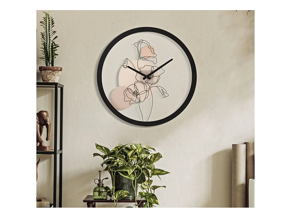 Runde Wanduhr Blume aus Holz und Glas Ø 40x3,5 cm