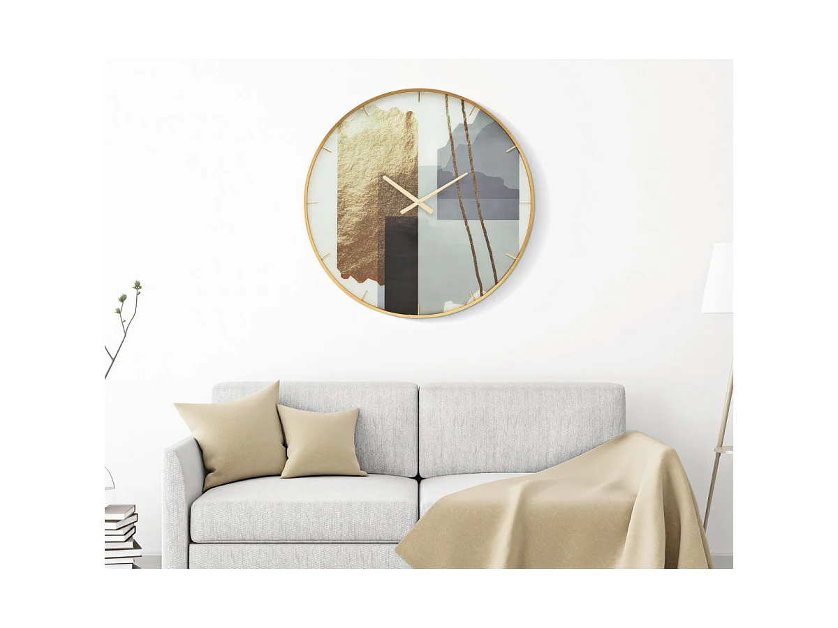 Wanduhr „Glam Motif“, Ø 80 cm, aus Glas, MDF und Metall mit goldenem Rahmen und mehrfarbigem Zifferblatt – Dekoratives rundes Design