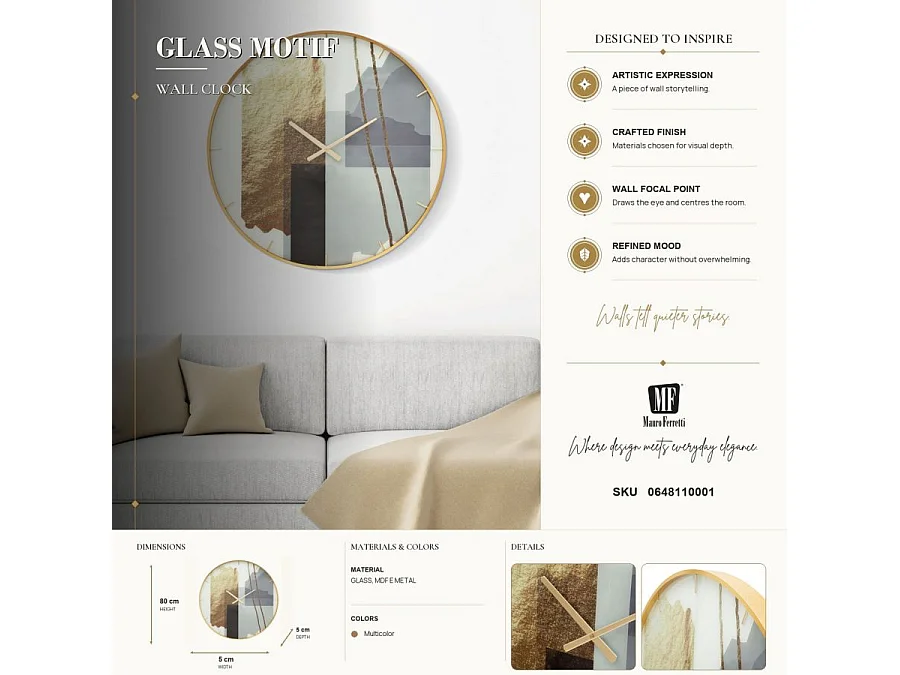 Wanduhr „Glam Motif“, Ø 80 cm, aus Glas, MDF und Metall mit goldenem Rahmen und mehrfarbigem Zifferblatt – Dekoratives rundes Design