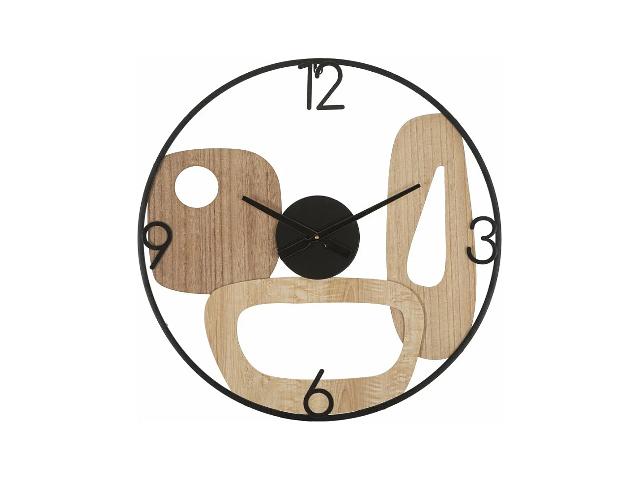 Horloge Murale mot - Métal et Bois, Décorations Abstraites aux Lignes Arrondies, Ø 60 x 2,5 cm