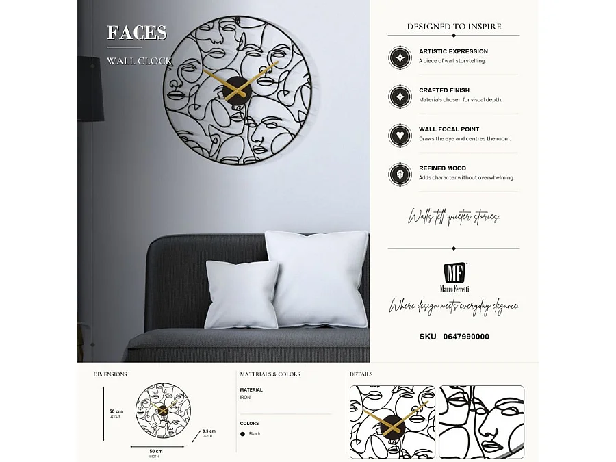 Horloge Murale en Métal "Faces" 50cm Noir