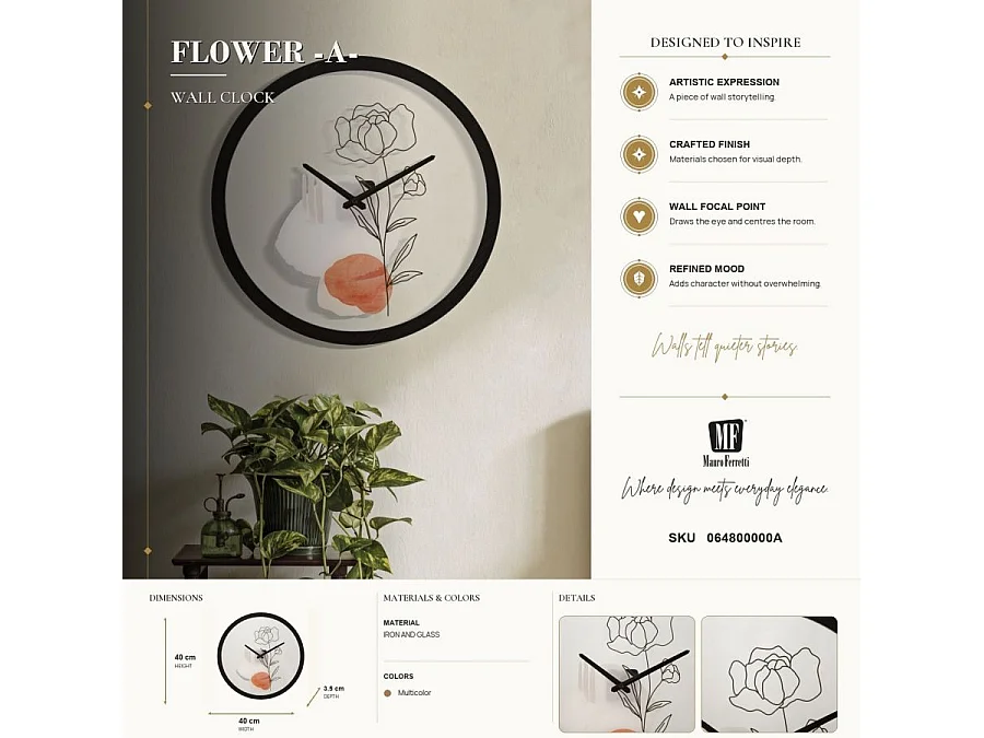 Zegar ścienny - wielokolorowy, żelazo, motyw: kwiaty, 40 x 3,5 x 40 cm - Clock Flower - A